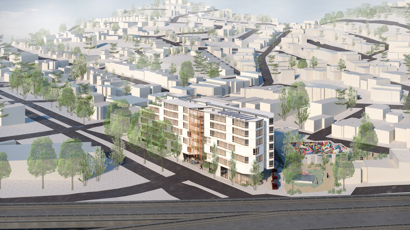 A view of Intersection, an affordable housing development, in context in the Glen Park neighborhood.